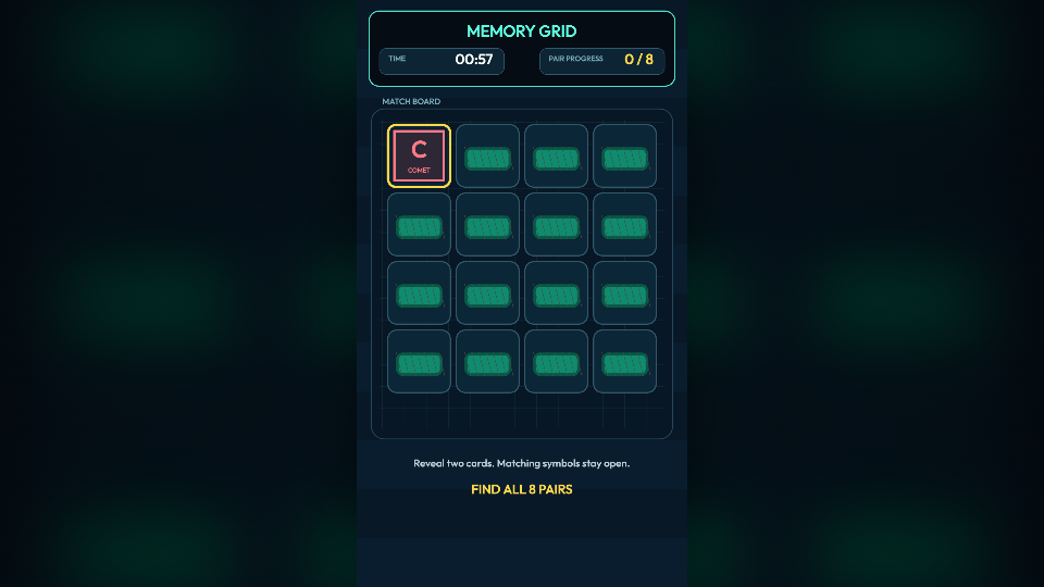 Memory game showing a four-by-four card grid with faces revealed during a matching round