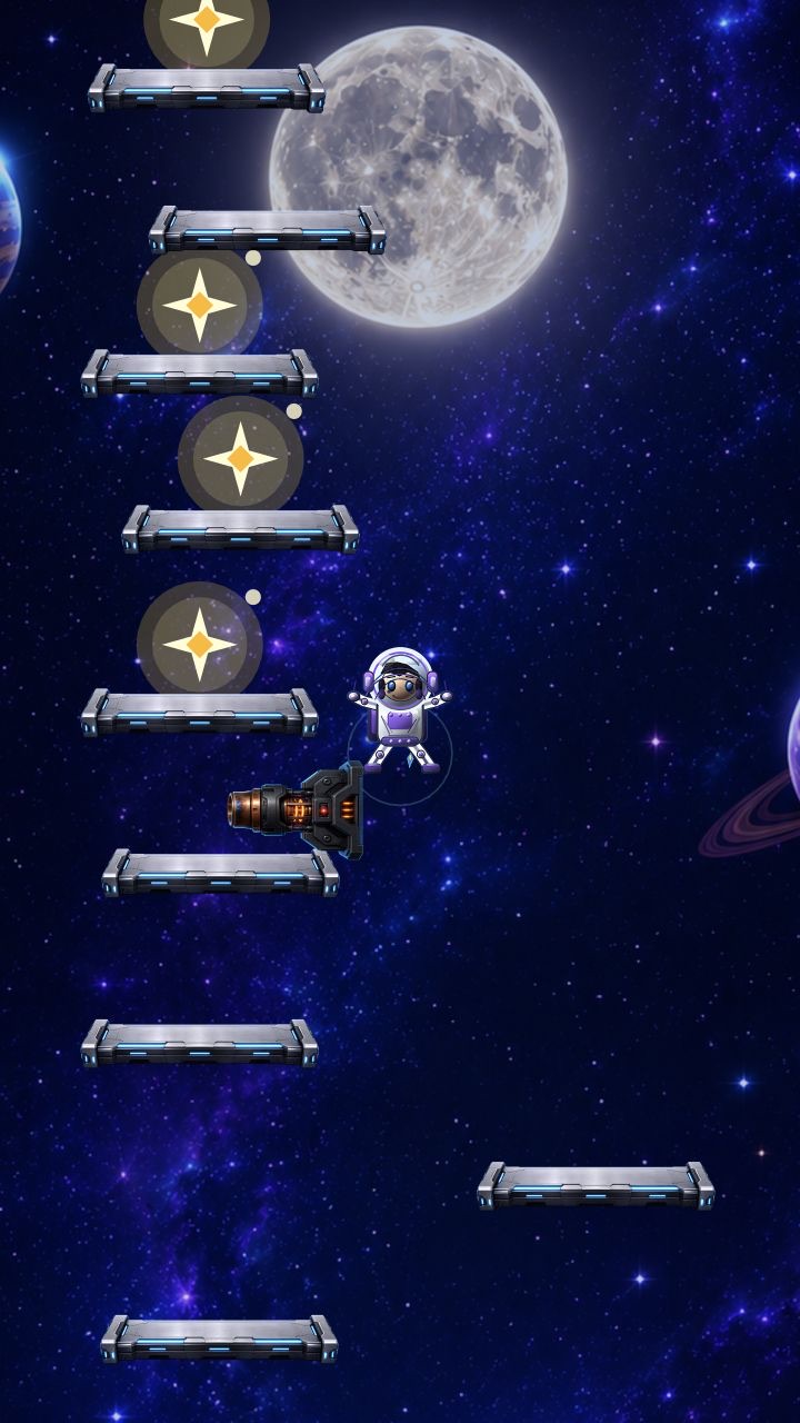 Jump to the Moon gameplay with an astronaut steering between platforms, stars, and a rocket booster