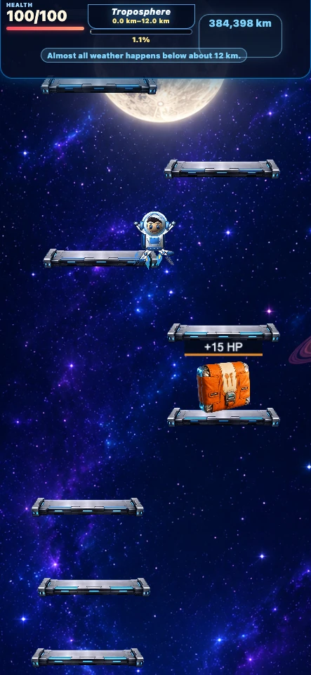 Astronaut climbing between platforms with a health bar, stage progress, and Moon distance visible