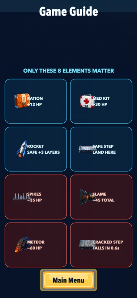 Visual Jump to the Moon guide matching platforms, run-only stars, supplies, rockets, and hazards to their effects