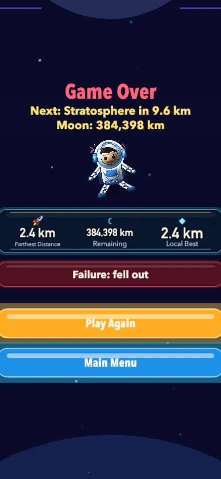 Jump to the Moon game-over summary showing the completed run
