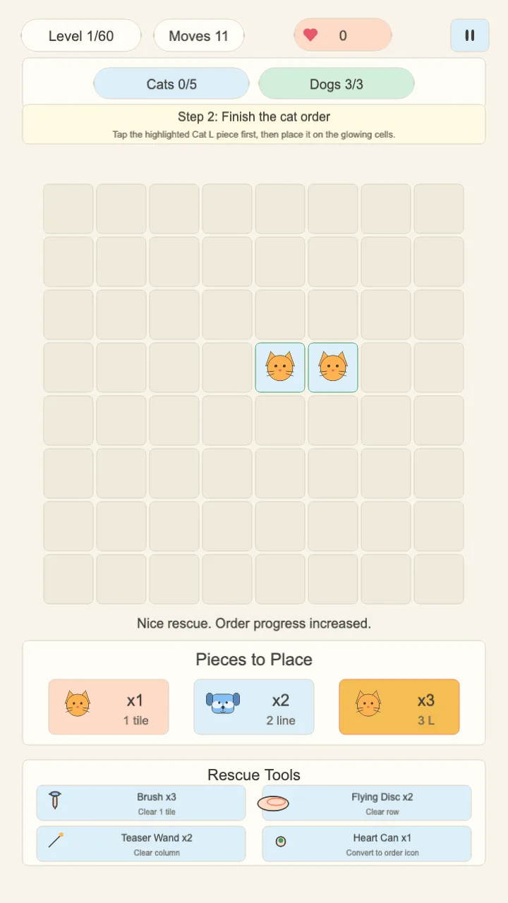Paw Match Shelter placement preview highlighting target board cells