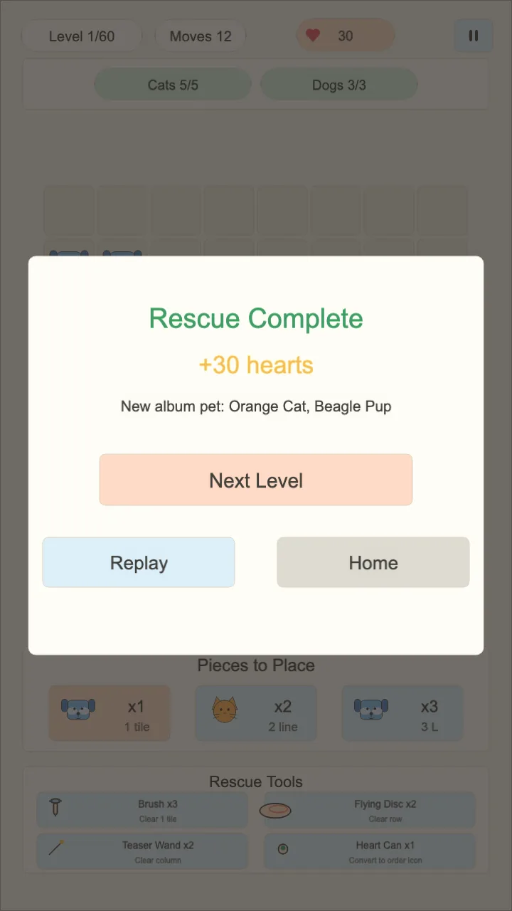Paw Match Shelter completed rescue result with earned heart reward