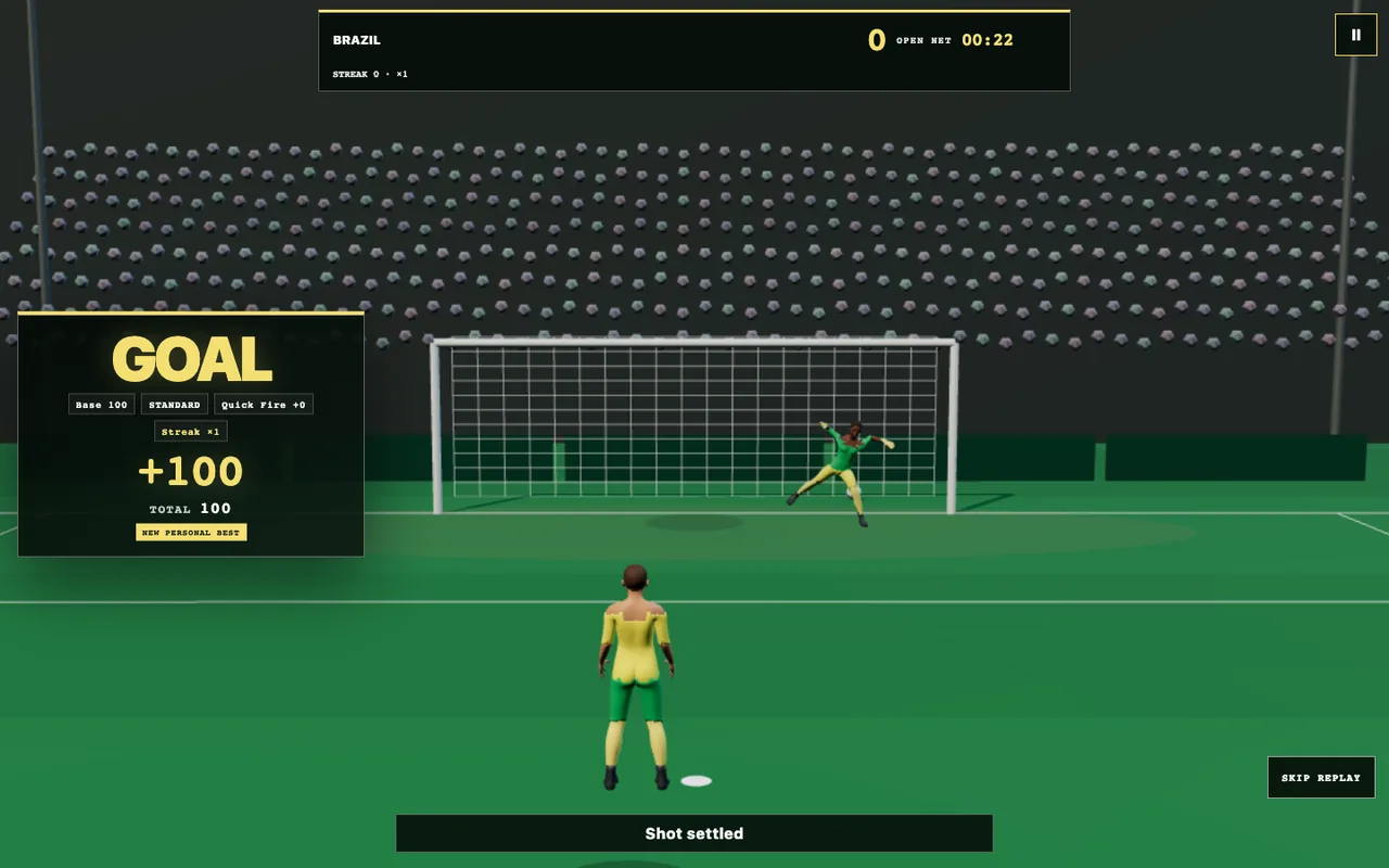 Penalty Signal Nations 3D Goal Rush result screen with goals, accuracy, zones, streak and restart