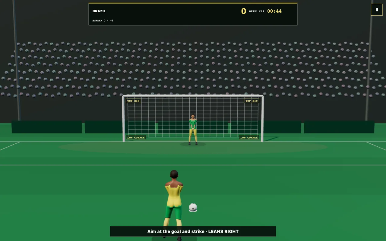 Penalty Signal Nations 3D Goal Rush footballer facing a physical goal and fictional goalkeeper in a night stadium