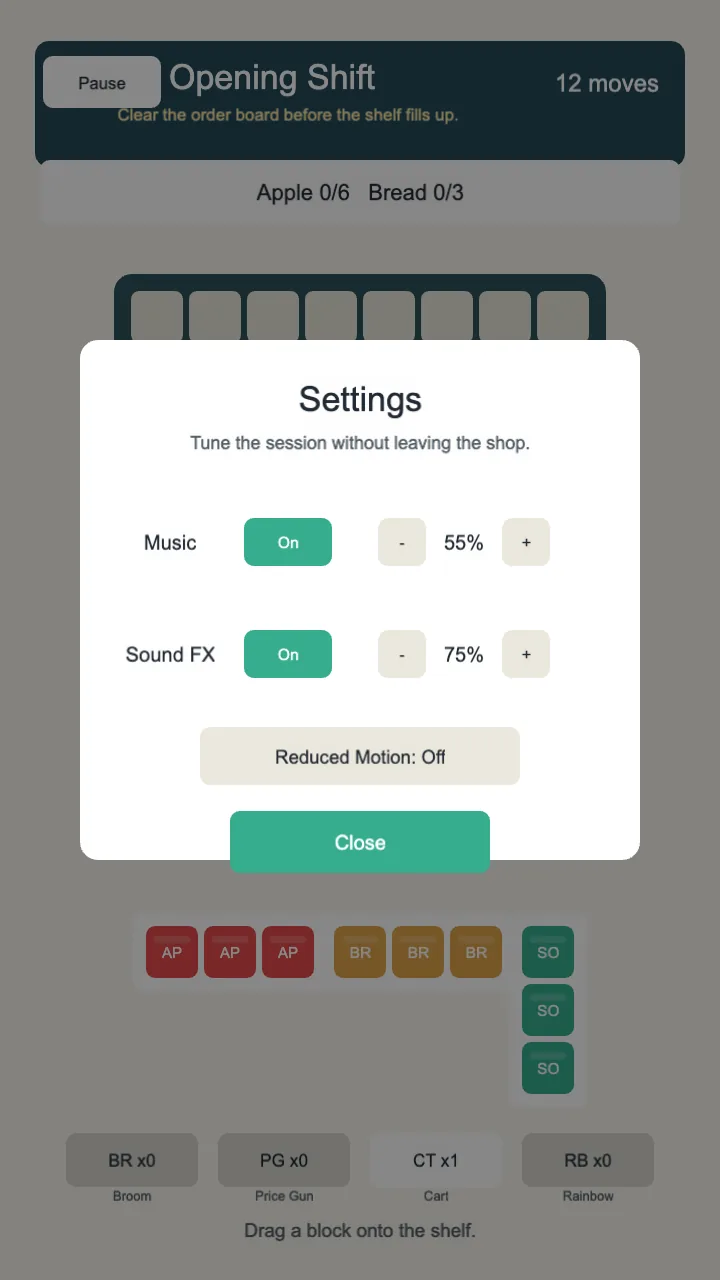 Shelf Pop Shop settings panel over the active portrait game