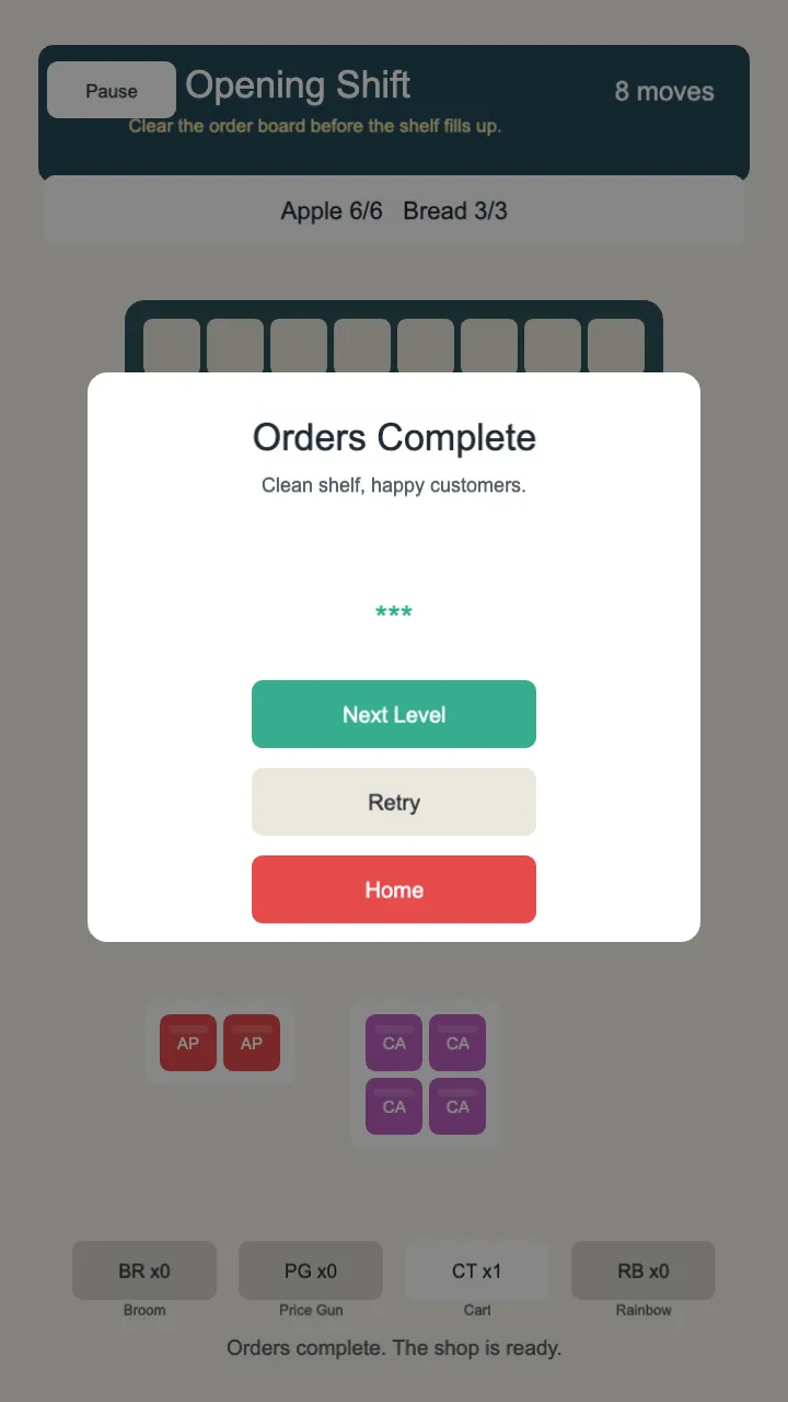 Shelf Pop Shop result panel showing stars and moves remaining