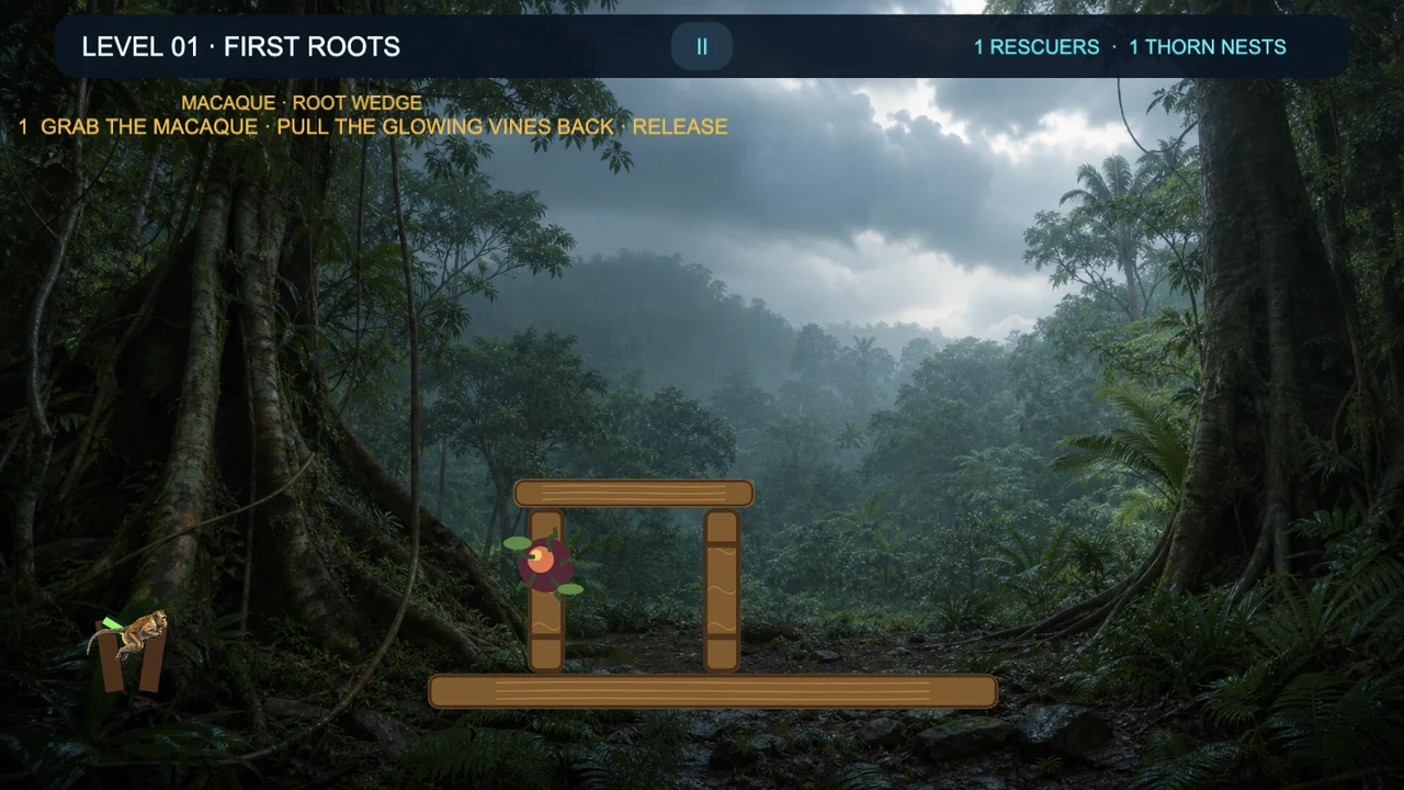Tempest Bloom macaque waiting at a vine sling beside thorn nests in a realistic storm-lashed wild rainforest