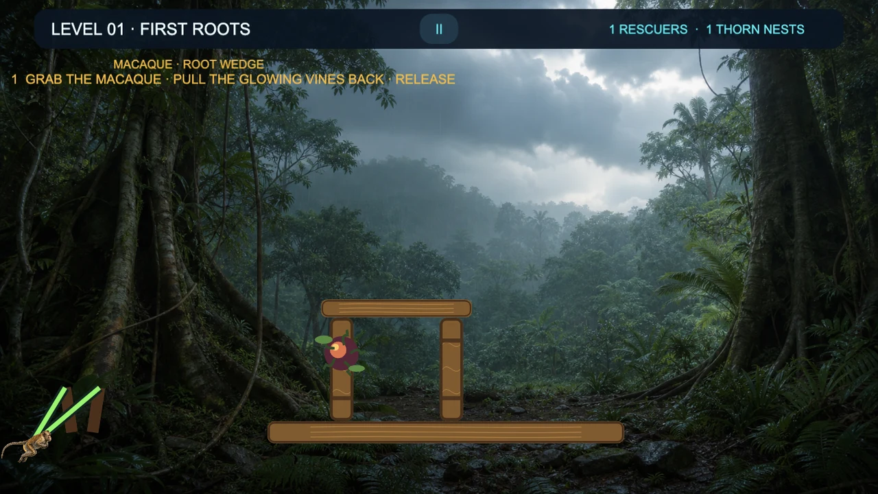 Tempest Bloom macaque pulling two visible vine bands back in a realistic rainforest clearing