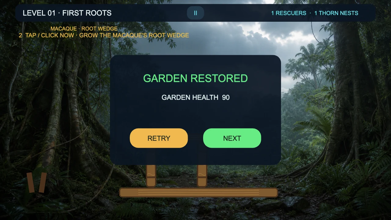 Tempest Bloom Garden Restored result panel with Garden Health retry and next controls